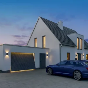 Recommandé - Porte de garage basculante débordante Europro 123 avec rails acier nervures verticales et barre d’écartement blanc RAL 9016 - 200x250cm