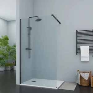 Liquidation | Paroi de douche fixe réversible SOLLIES en verre effet texturé vague 6 mm avec profilés noirs - 200 x 120 cm