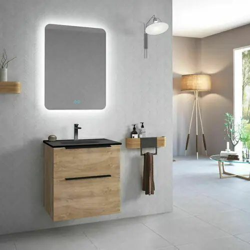 Ensemble meuble ESTATE chêne naturel + plan vasque résine noire - 45x60x60cm | Expédition express