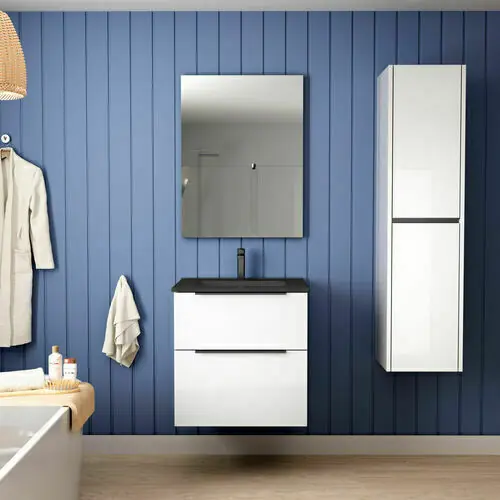 Ensemble meuble ESTATE blanc brillant + plan vasque résine noire - 45x60x60cm | Incontournable