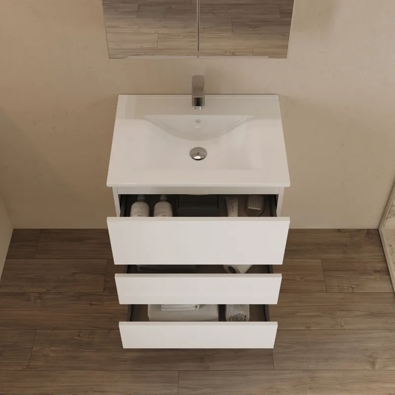Prix promo | Ensemble meuble AVELA + plan vasque céramique blanche - 60 cm - blanc mat