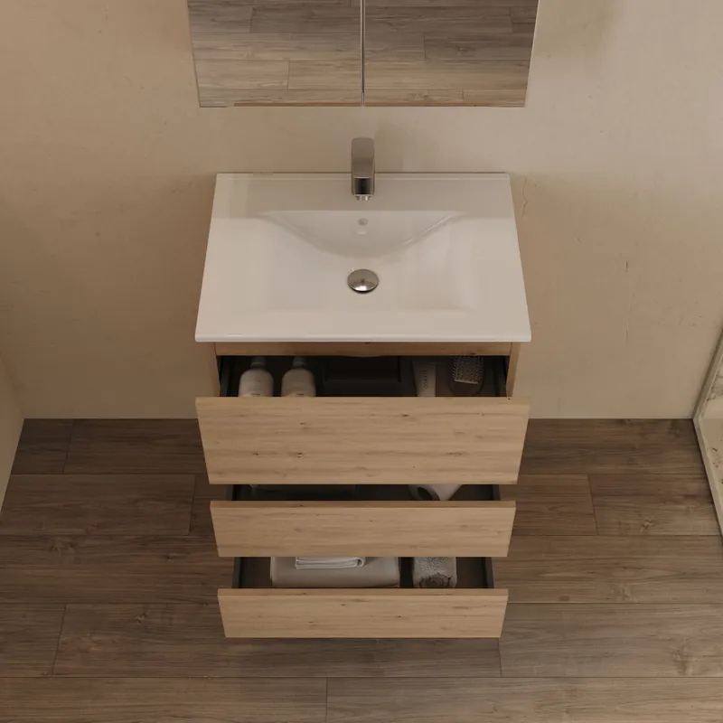 Ensemble meuble AVELA + plan vasque céramique blanc - 60 cm - chêne futura - Offre flash