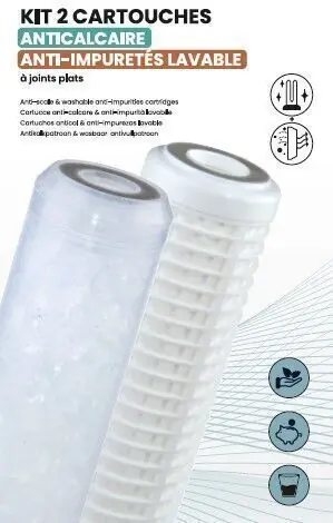 Kit 2 cartouches anti calcaire et anti impuretés lavables - joints plats - Offre exclusive