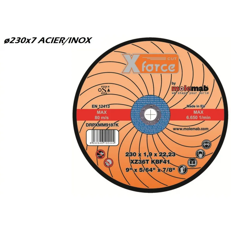 Offre bientôt terminée | Disque à ébarber 230x7 mixte acier MOLEMAB X FORCE