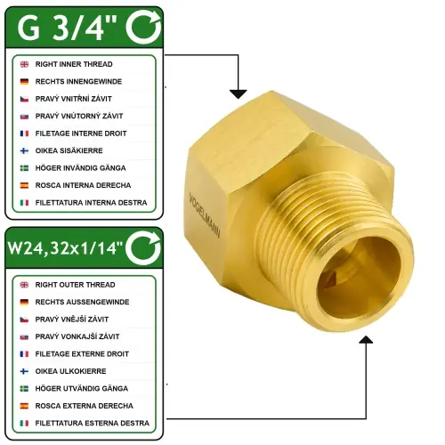 Réducteur VOGELMANN G3/4" Femelle vers W24.32x1/14" Mâle – Laiton - Envoi rapide