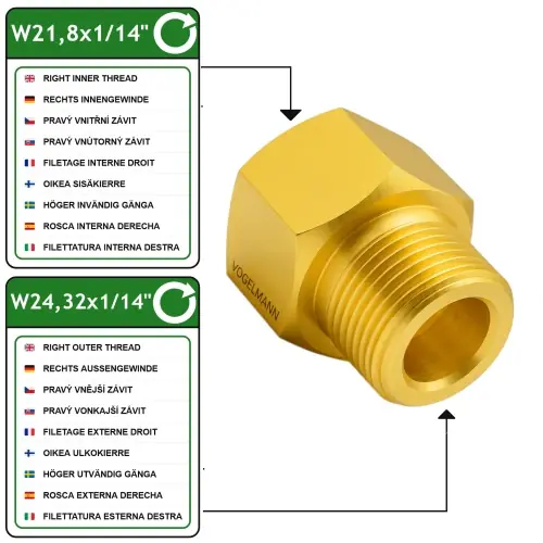 Réducteur VOGELMANN W21,8x1/14" Femelle vers W24,32x1/14" Mâle – Laiton - Se termine bientôt