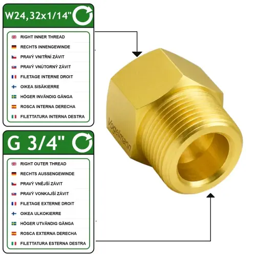 Réducteur VOGELMANN W24,32x1/14" Femelle vers 3/4" Mâle – Laiton - Derniers exemplaires