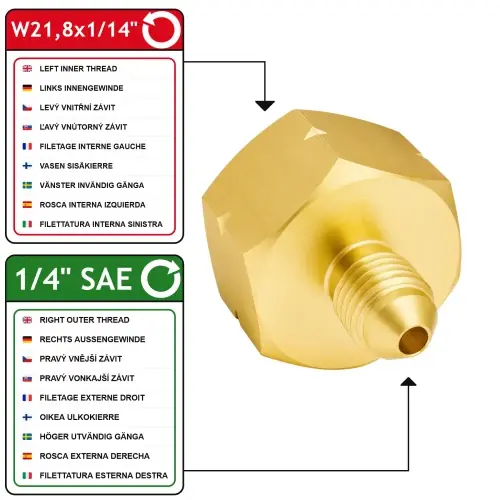 Disponible maintenant | Réduction W21,8x1/14 LH Femelle vers 1/4" SAE (7/16 UNF) Mâle Vogelmann